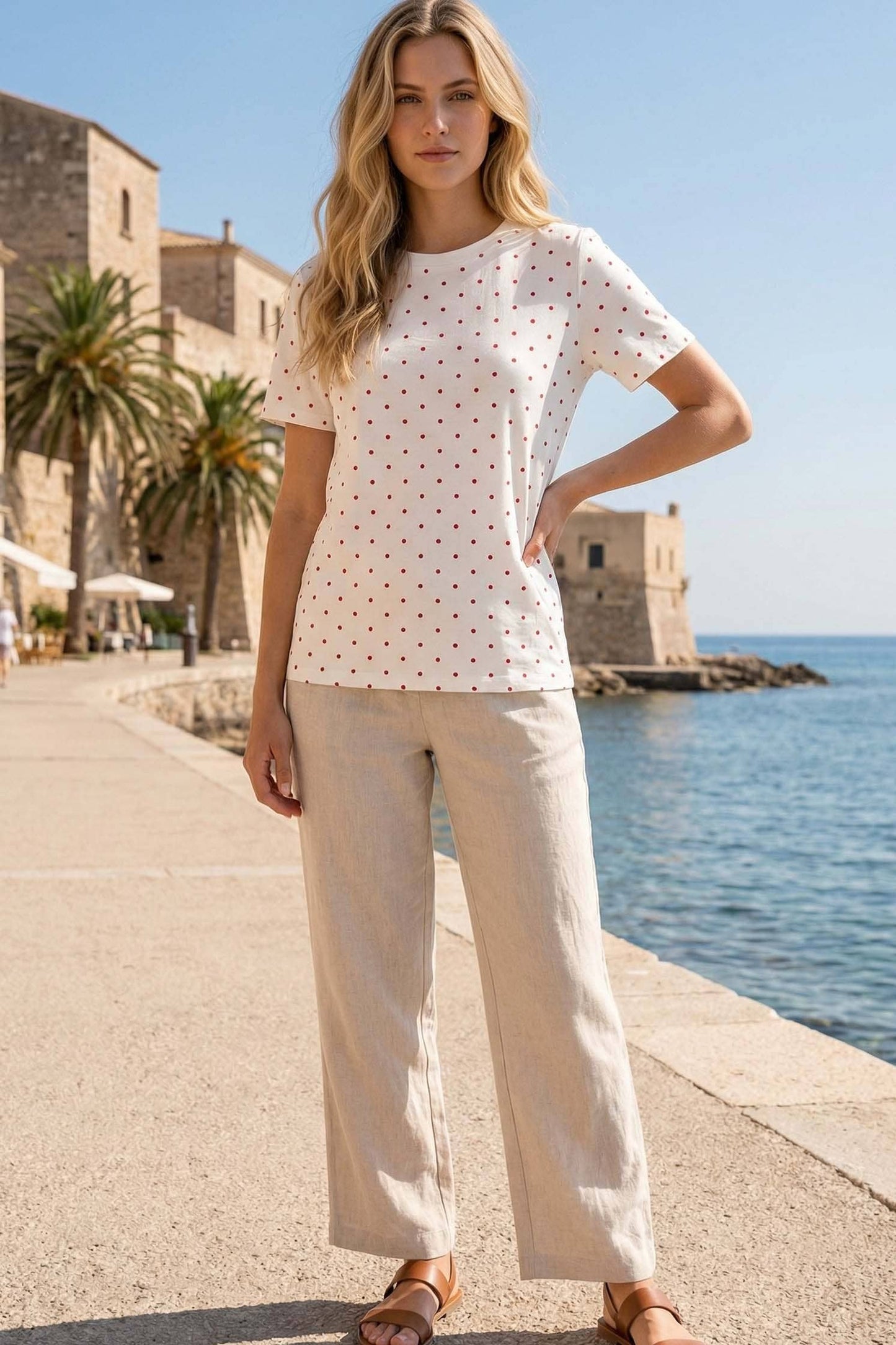 Polka Dot Crew Neck Short Sleeve Top - Off White/Red