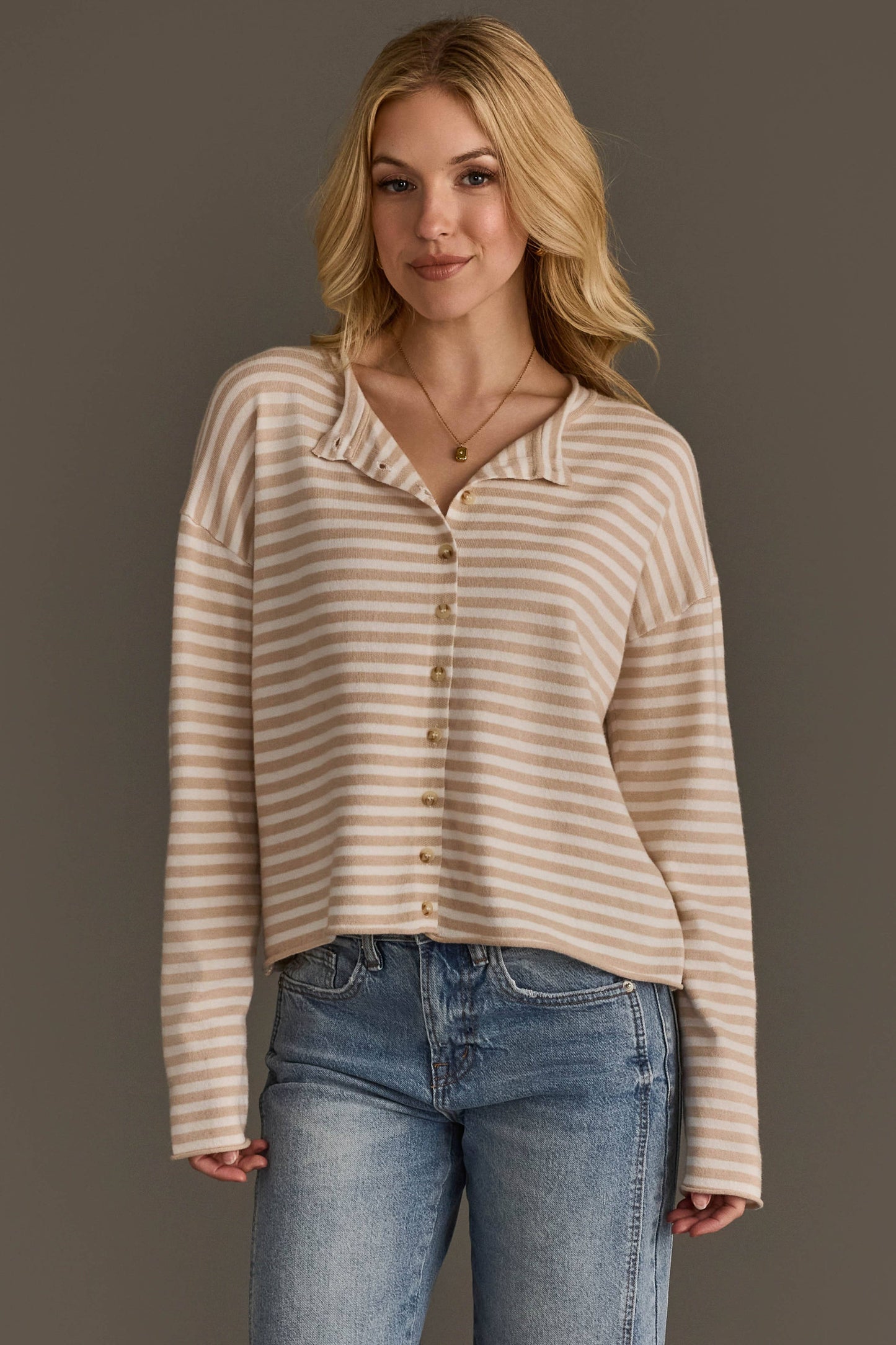 Beige & Off White Striped Cardigan