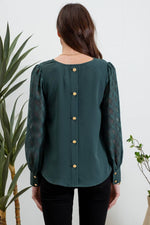 V NECK BACK BUTTONED SHEER PLAID LONG SLEEVE BLOUS: HUNTER GREEN