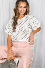 Swiss Dot Printed Short Puff Sleeves Blouse Top - Cream