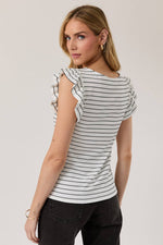 Boat Neck Ruffle Cap Sleeve Top - White/Black