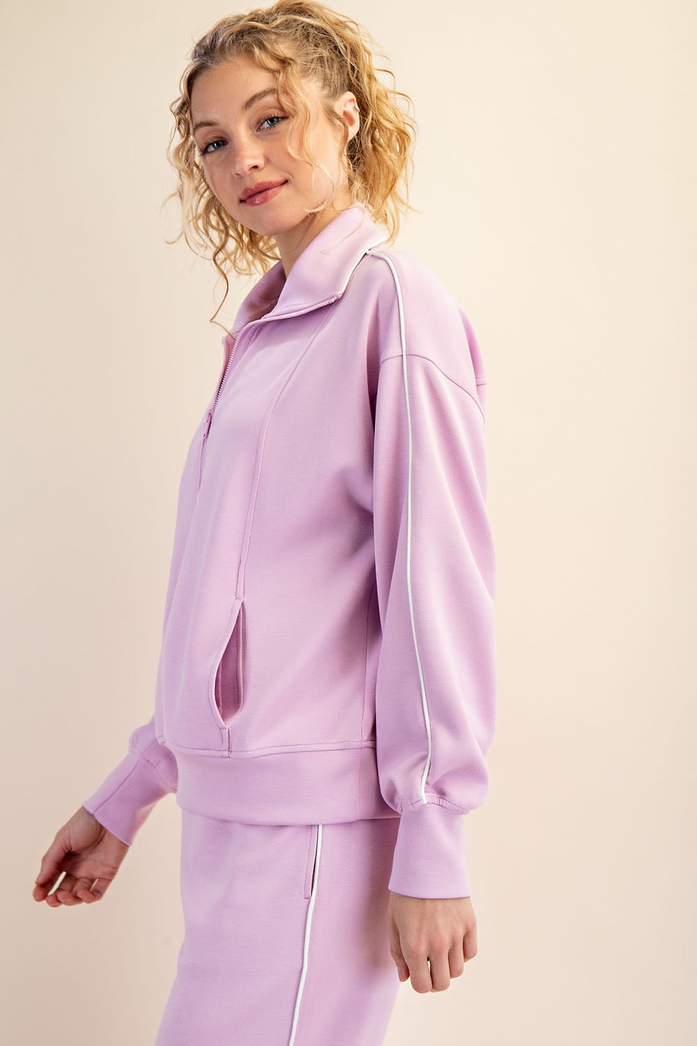 Modal Scuba Piping Quarter Zip Pullover - Blossom/Cream
