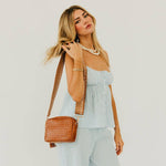Woven Willow Camera Crossbody Bag: Brown