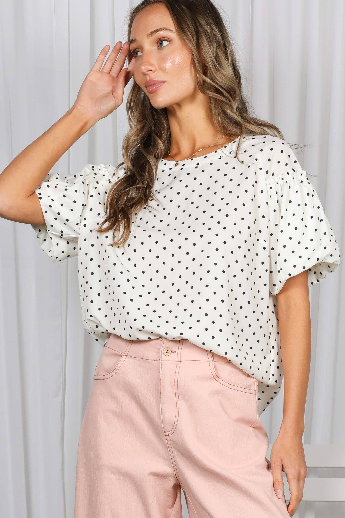 Swiss Dot Printed Short Puff Sleeves Blouse Top - Cream
