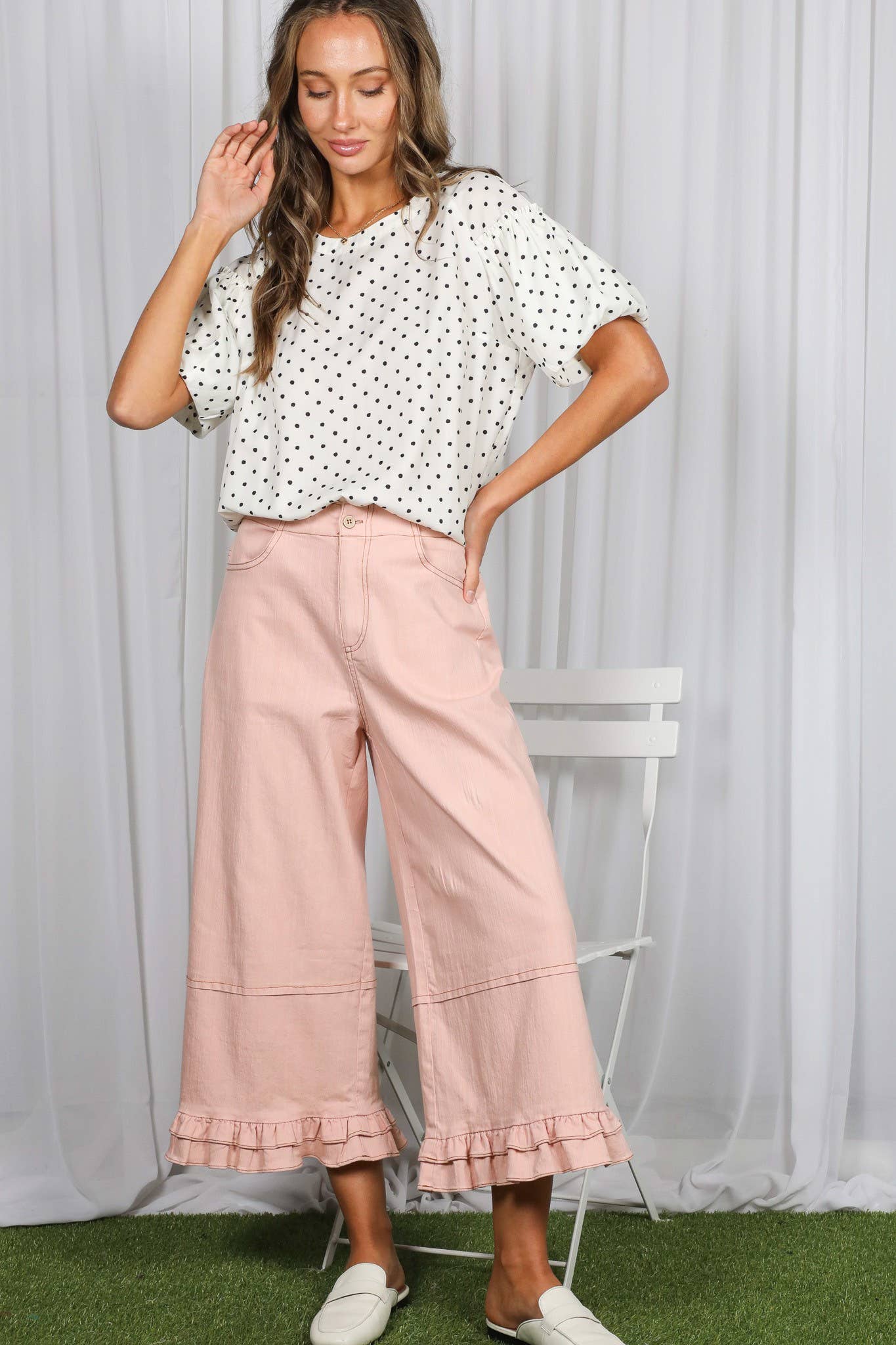 Swiss Dot Printed Short Puff Sleeves Blouse Top - Cream