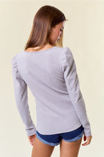 Soft Striped Rib Square Neck Puff Long Sleeve