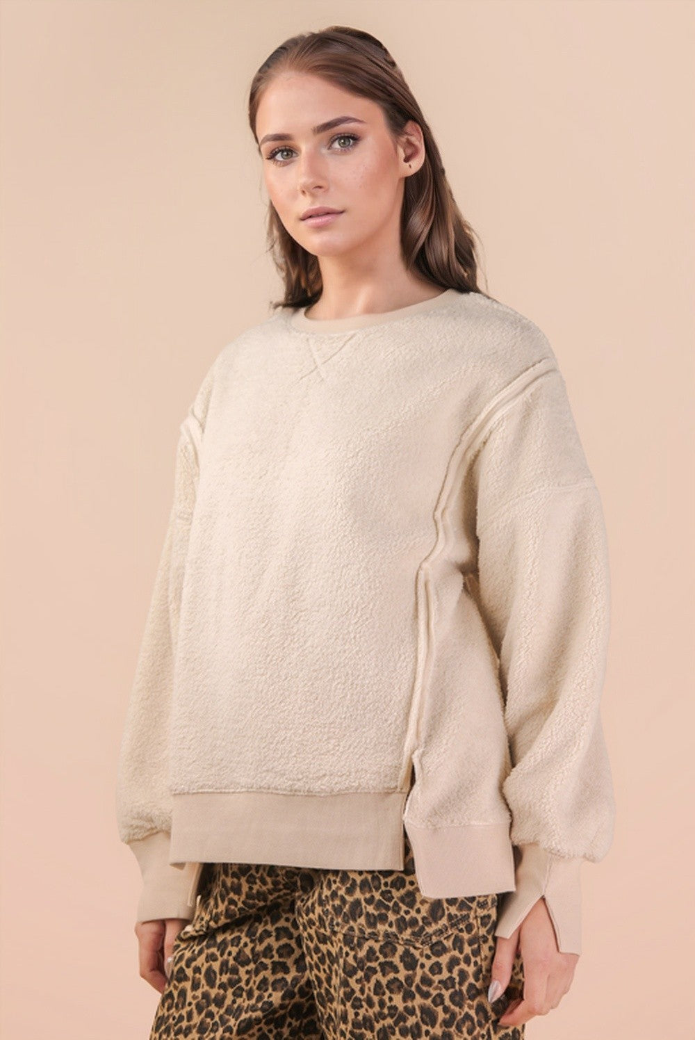 Oversized Casual Solid Fleece Top - Cream