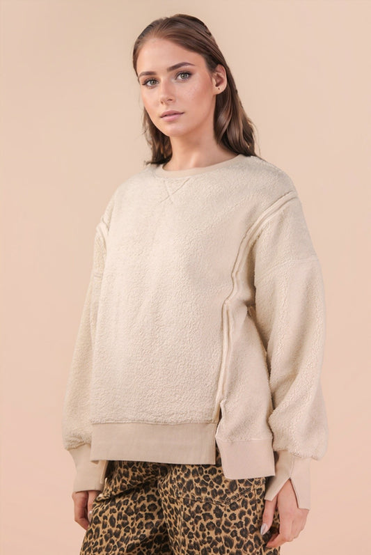 Oversized Casual Solid Fleece Top - Cream