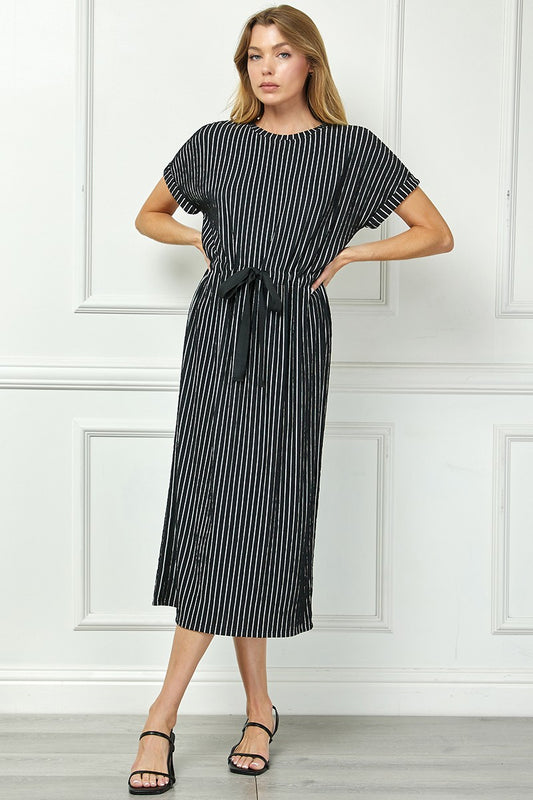 Stripe Drawstring Waist Midi Dress - Black