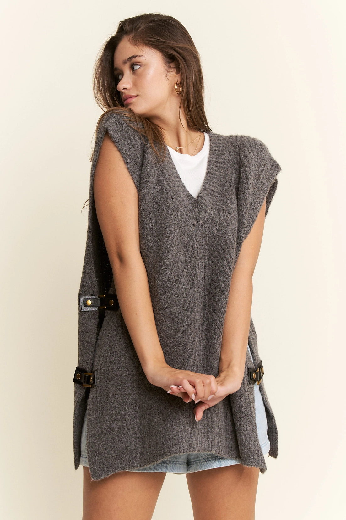 Buckled Oversized Sweater Vest - Charcoal