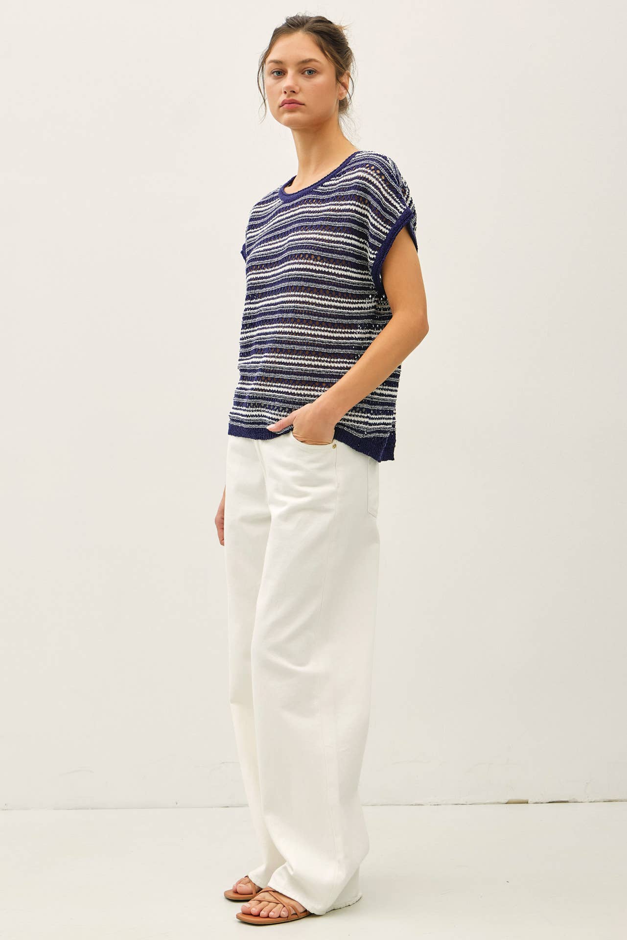 Striped Crochet Sweater Top - Navy