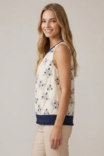 Floral Embroidered Mini Ruffle Button Top - Off White/Navy
