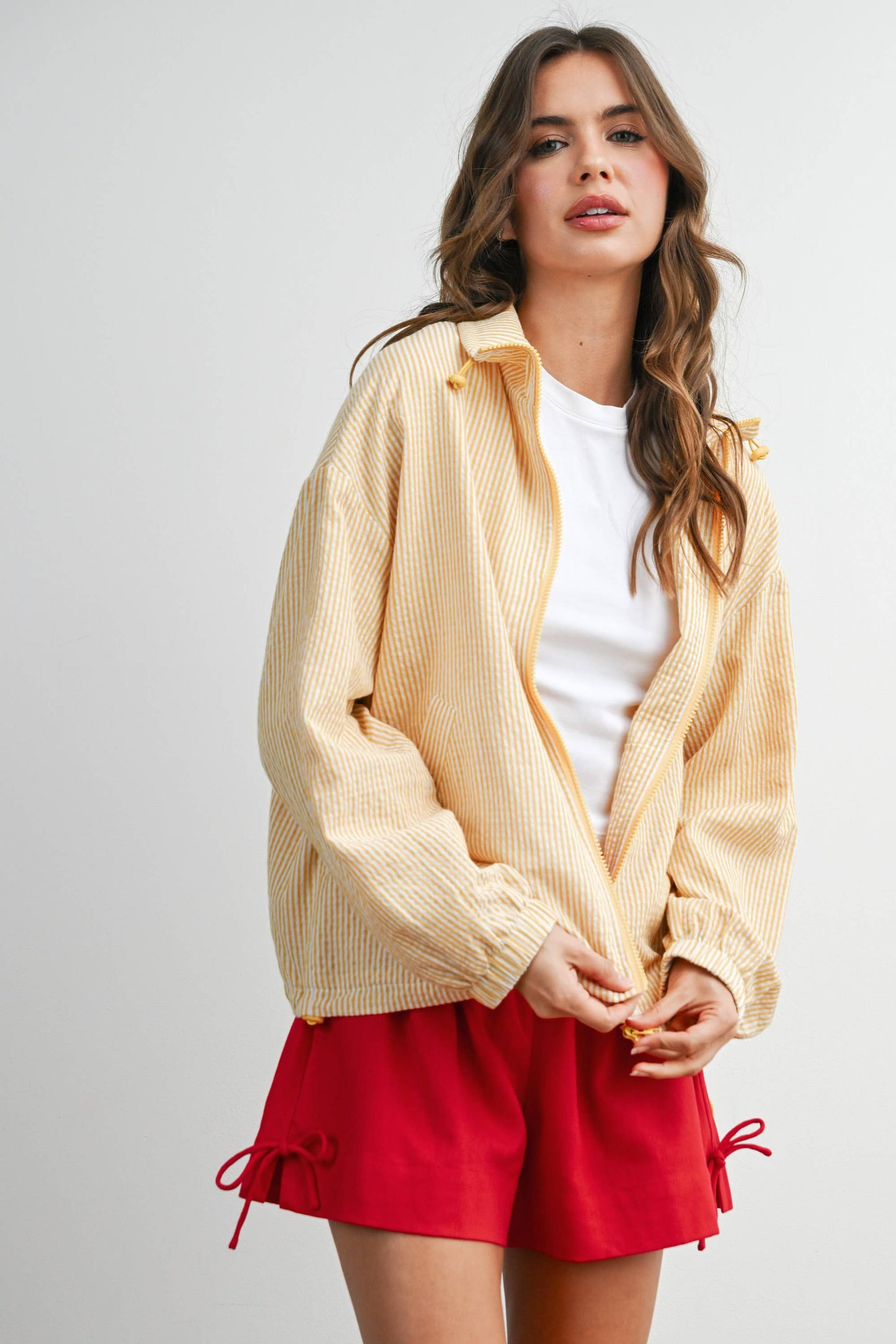 Stripped Collard Zip Front Drawstring Jacket