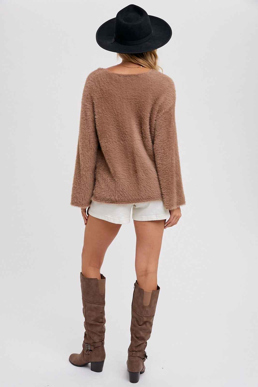 Mocha Strappy Front Fuzzy Sweater