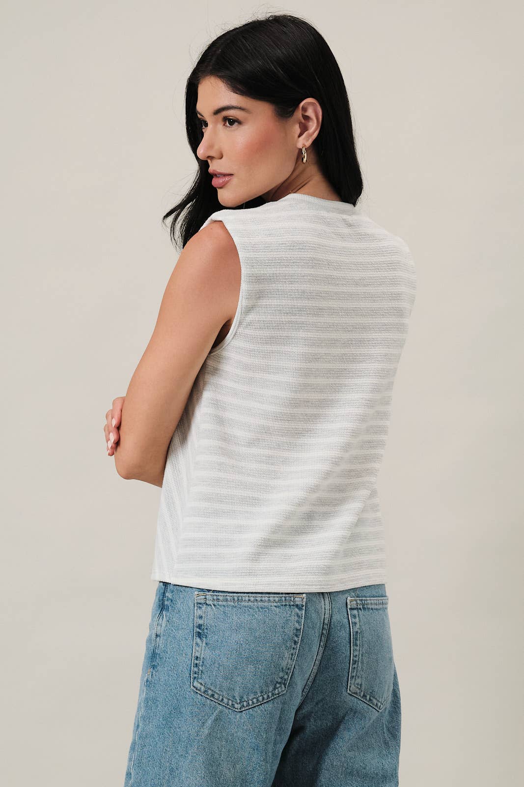 Sleeveless Diagonal Panel Stripe Top - Light Grey/Cream