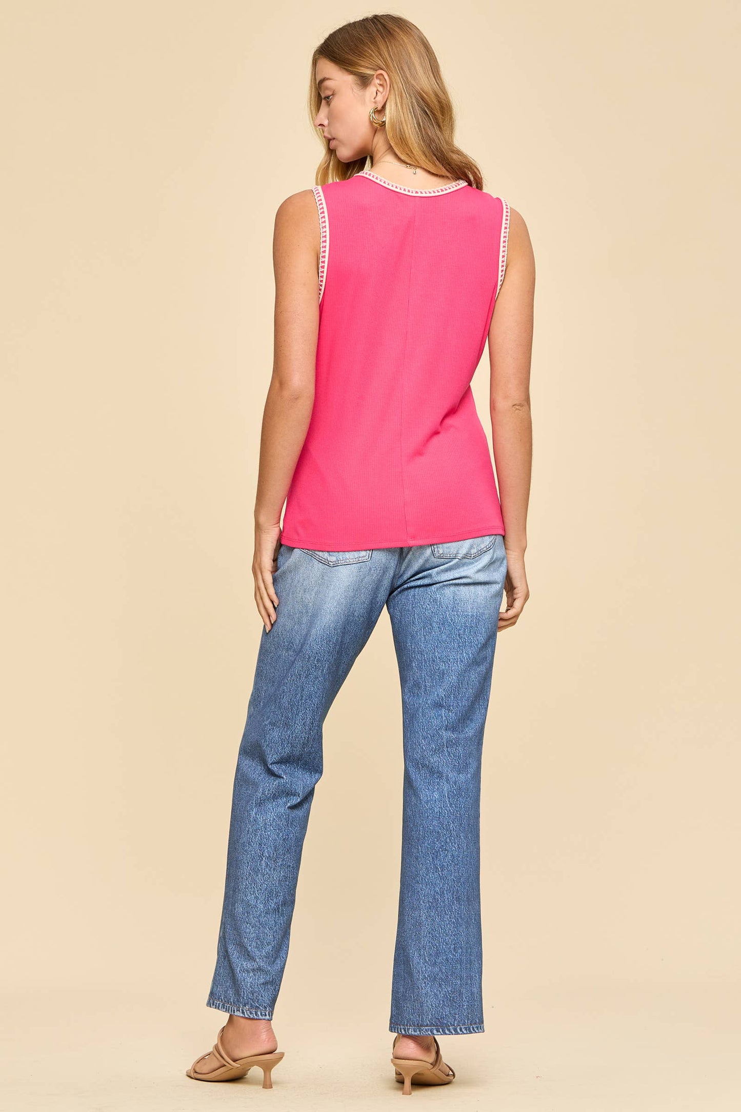 Embroidered Stitching Detail Sleeveless Top - Hot Pink