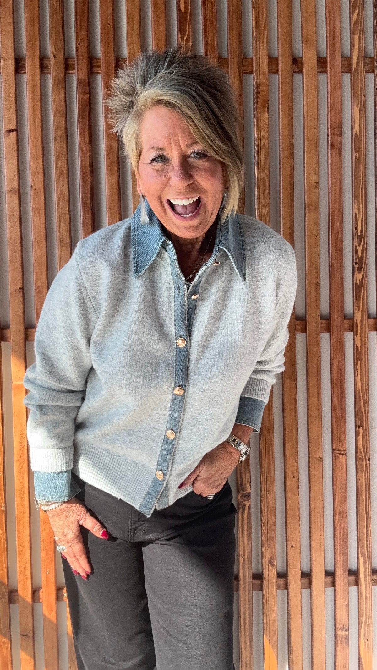 Denim Collar Sweater: Gray