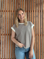 Stripe Contrast Trim Rib Banded Top - Brown