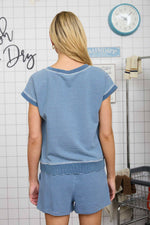 Stripe Short Sleeve Henley Knit Top - Denim