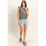 Ruffle Cap Sleeve Crew Neck Top - Charcoal