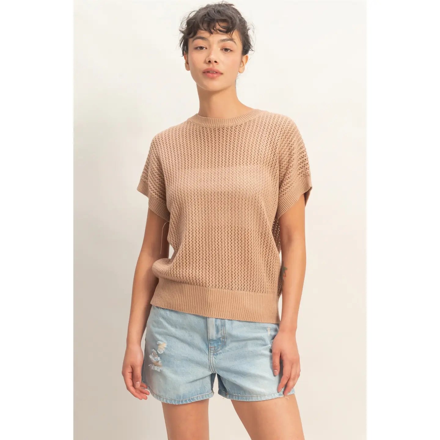 Open-Knit Dolman Sleeve Top - Dark Taupe