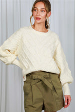 Crew Neck Long Balloon Textured Knit Sweater