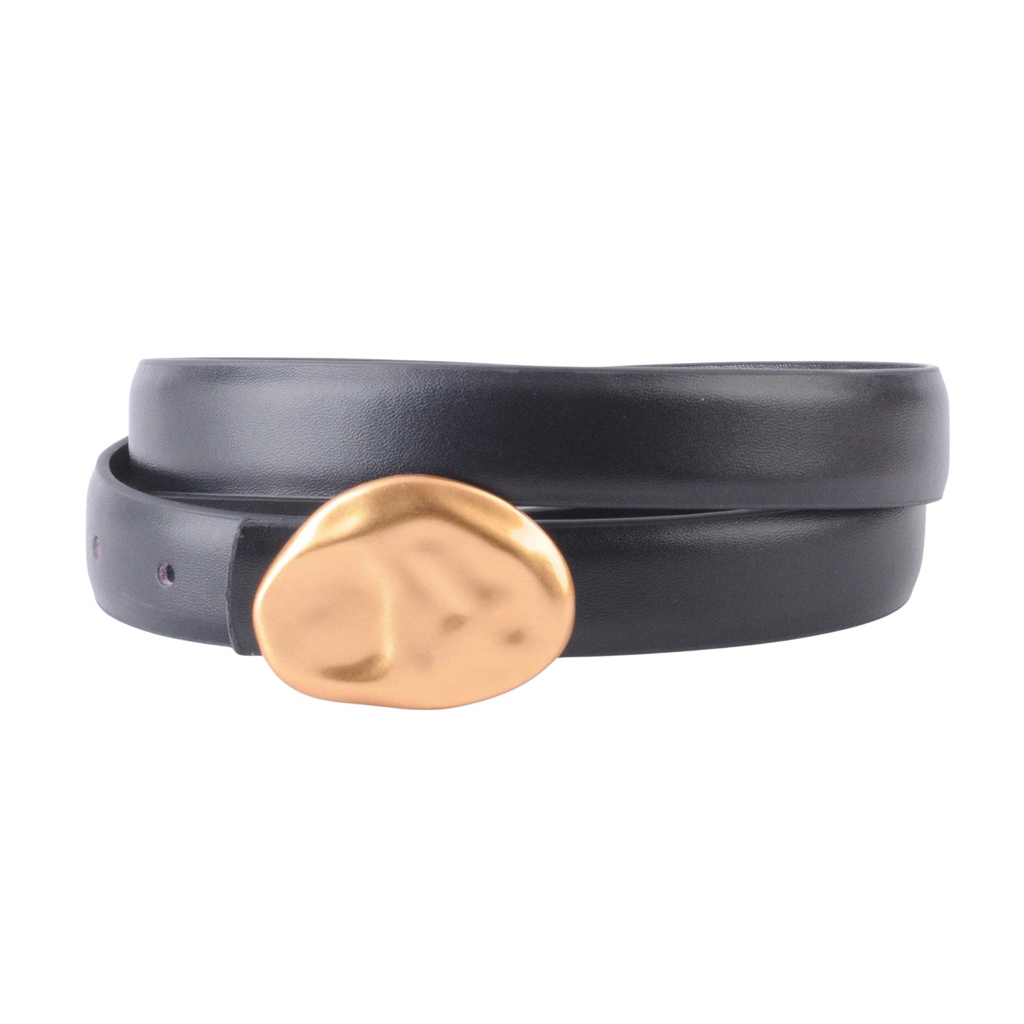 Black Leather Belt with Gold Hammered Pebble Buckle
