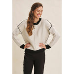 Soft Round Neck and Contrast Detail Sweater - Cream/Black