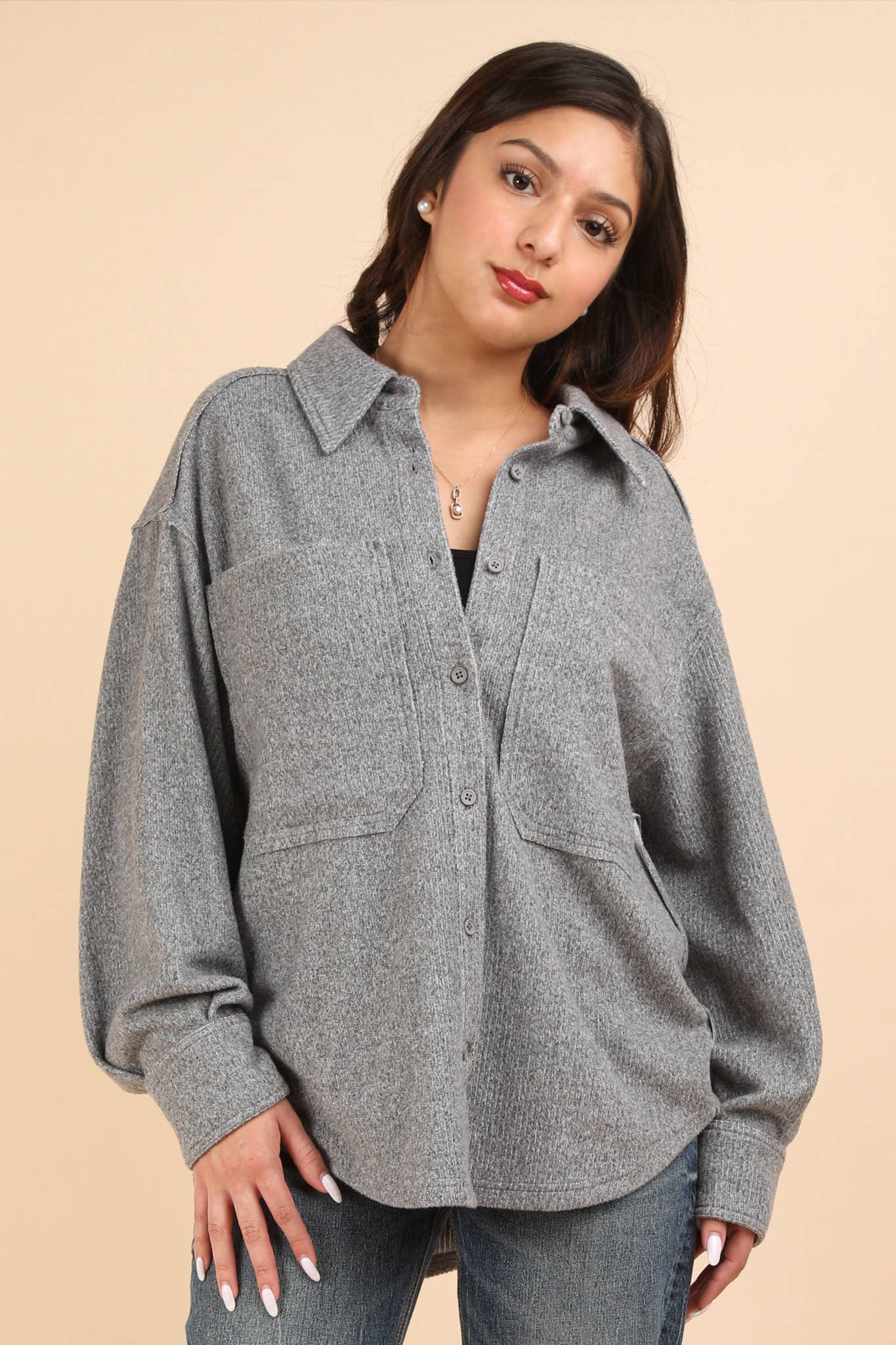 Oversized Cozy Button Down Shacket - Grey