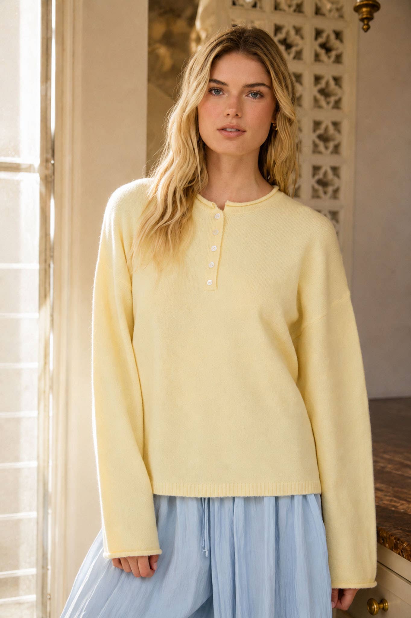 RAW ROLLED EDGE HENLEY RELAXED PULLOVER SWEATER : BUTTER YELLOW