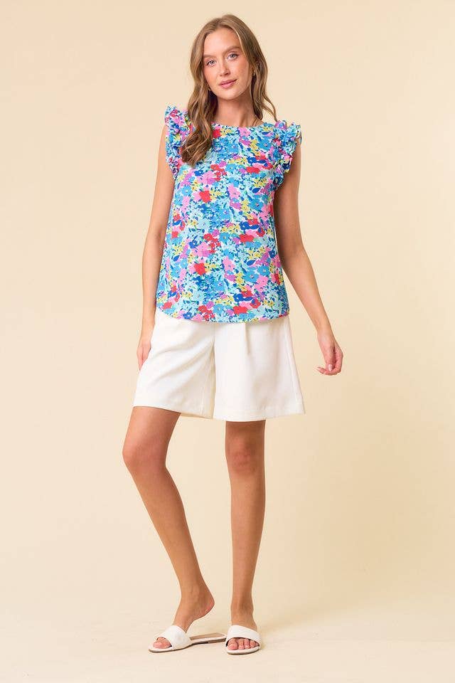 Floral Print Round Neck Ruffled Cap Sleeve Shirt