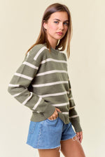 Scallop Neckline Long Sleeve Striped Sweater: OLIVE