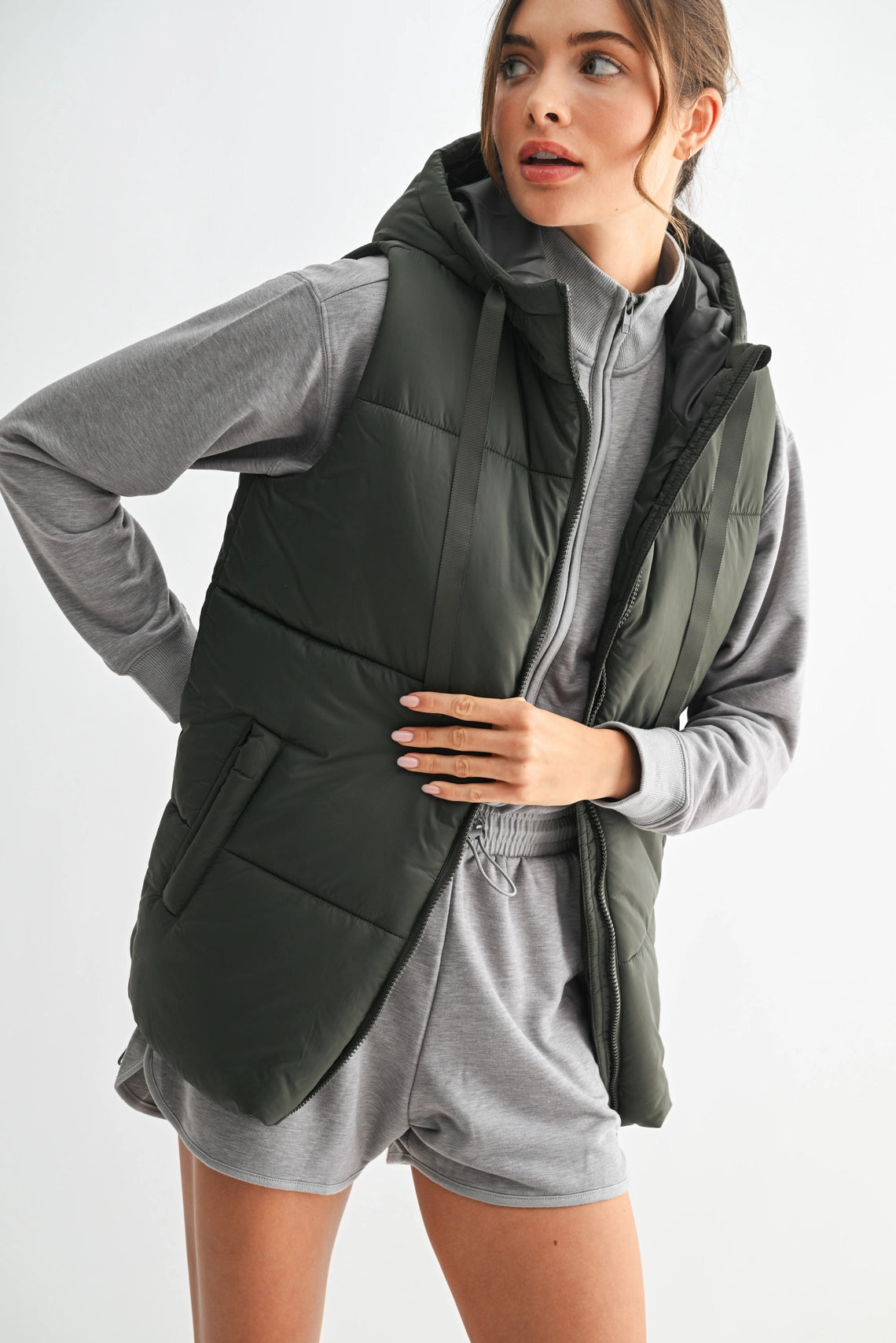 Longline High Neck Padded Vest - Olive