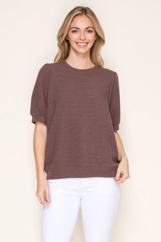 Cloudy Knit Round Neck Puff Short Sleeve - Brown