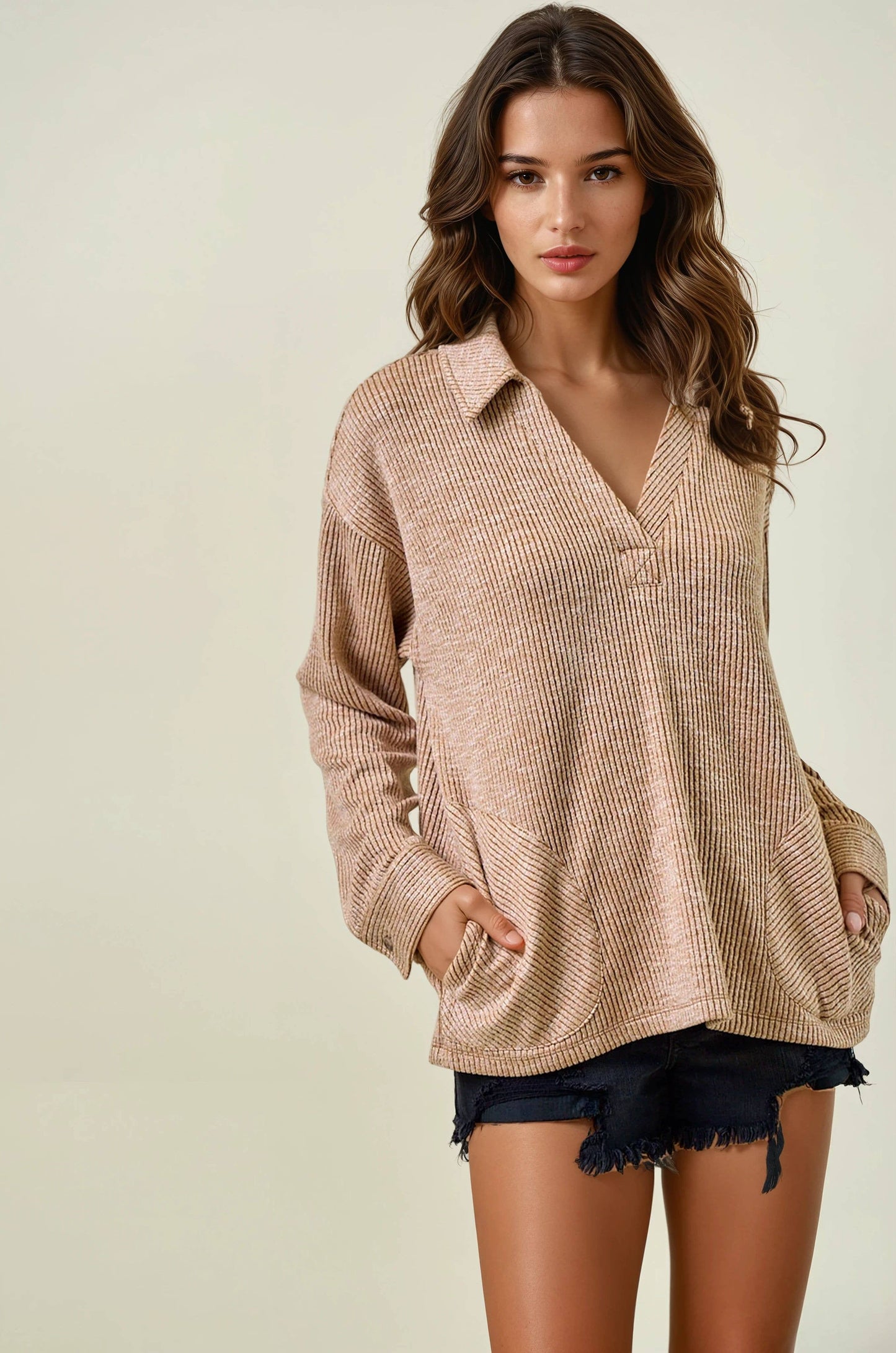 Two-Tone Ribbed Pullover W/ Round Pocket