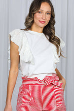 Scalloped Eyelet Lace Flutter Sleeve Cotton Top - Off White