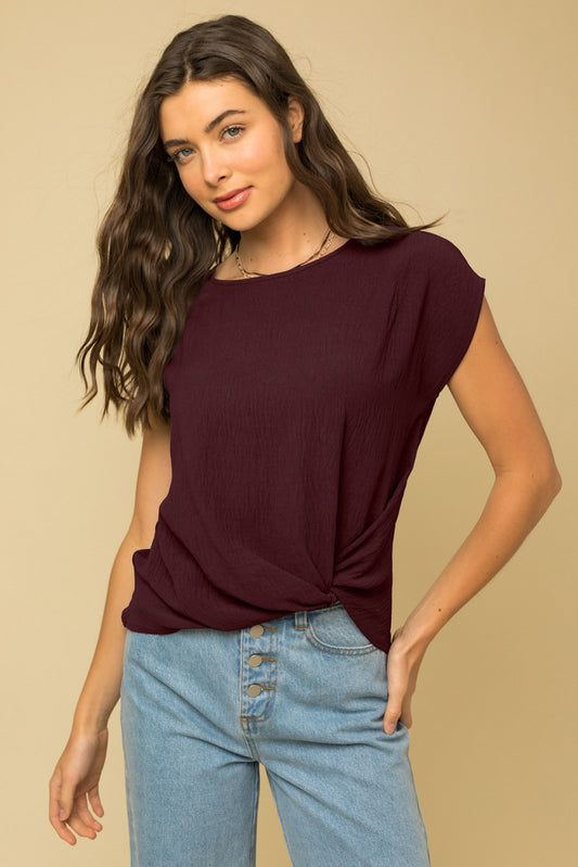 Raisin Solid Woven Tee with Front Knot Detail