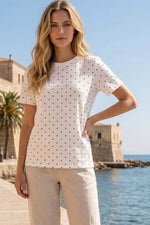 Polka Dot Crew Neck Short Sleeve Top - Off White/Red