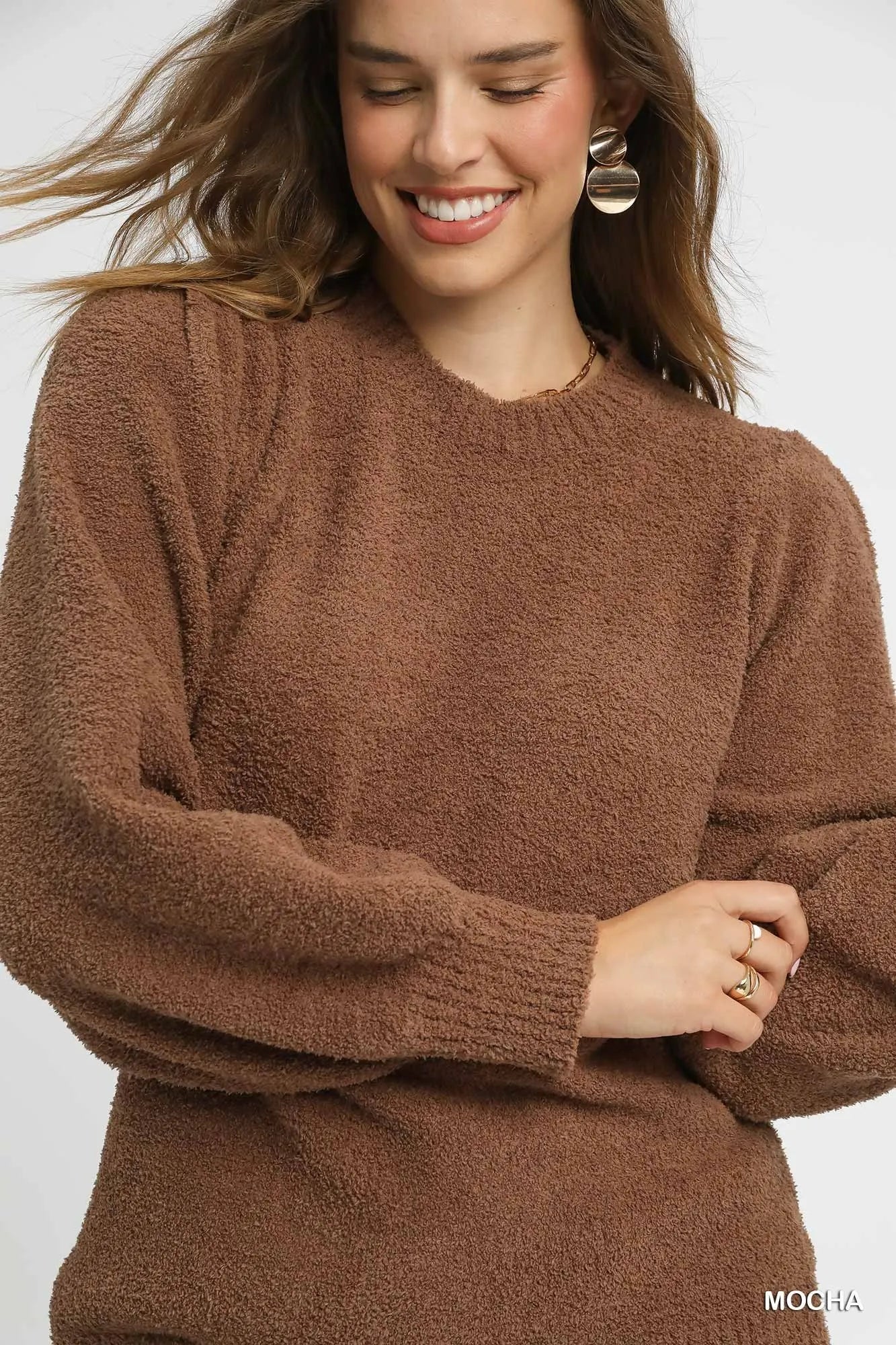 Cozy Textured Balloon Sleeve Sweater - Mocha