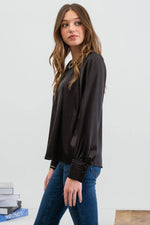 Long Buttoned Bishop Sleeve Top: Black