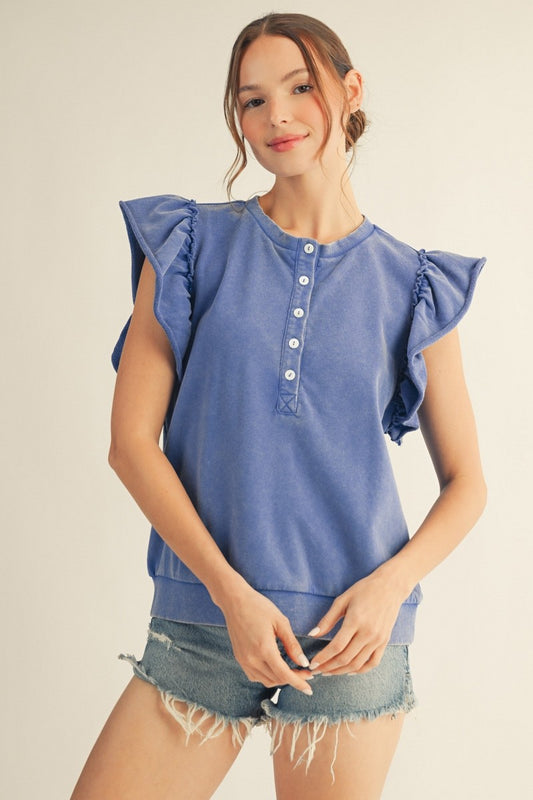 Raw Cut Edge Flutter Sleeve Washed Top - Blue