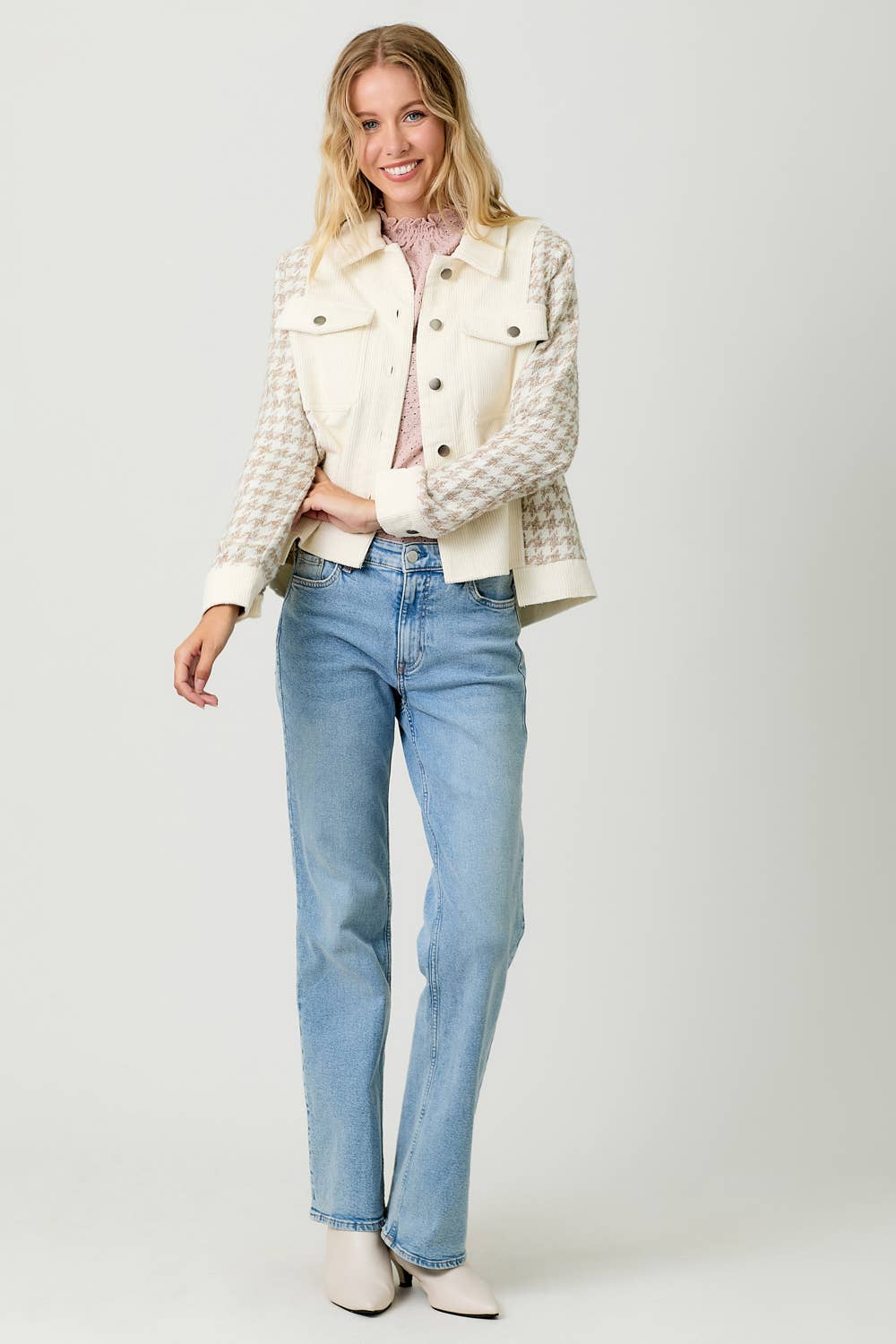 Houndstooth Sleeve Corduroy Jacket: Ivory/Oat