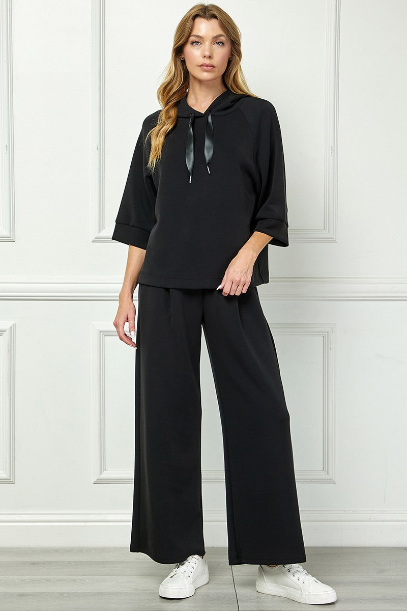 Soft Hooded Top With Satin Tie Detail - Black
