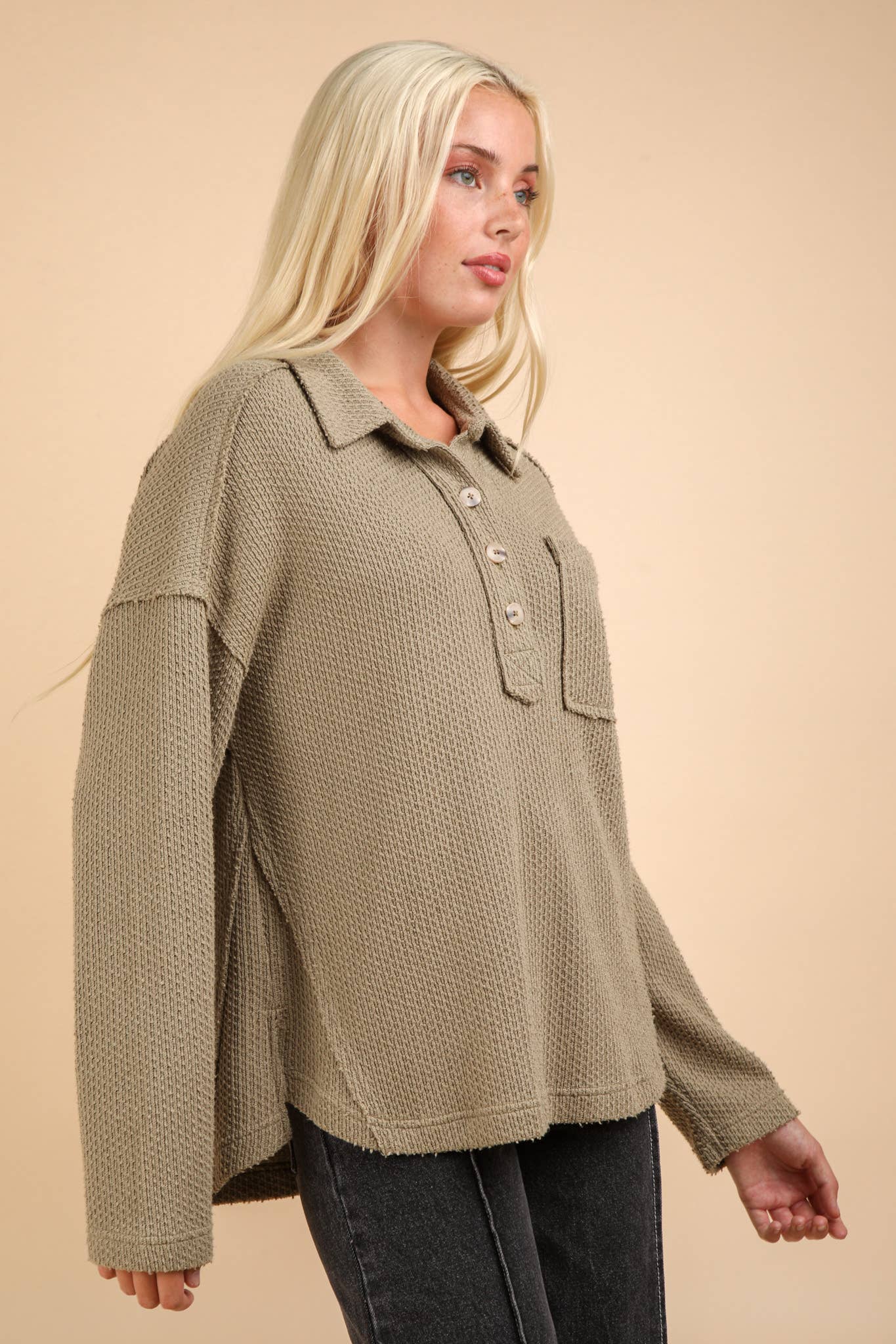 Half Button Down Collared Textured Henley Knit Top: OLIVE