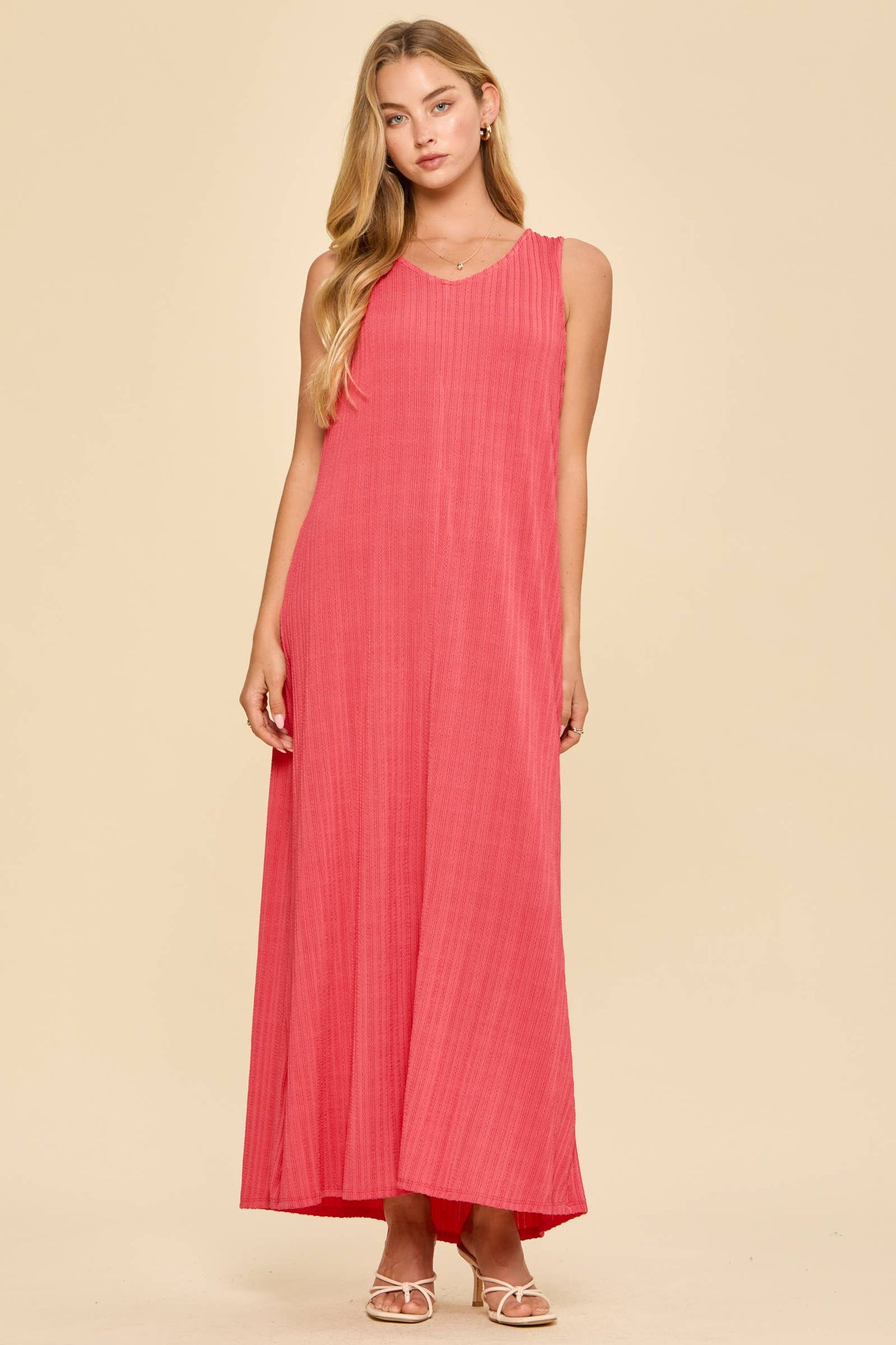 Textured V-Neck Maxi Dress - Coral
