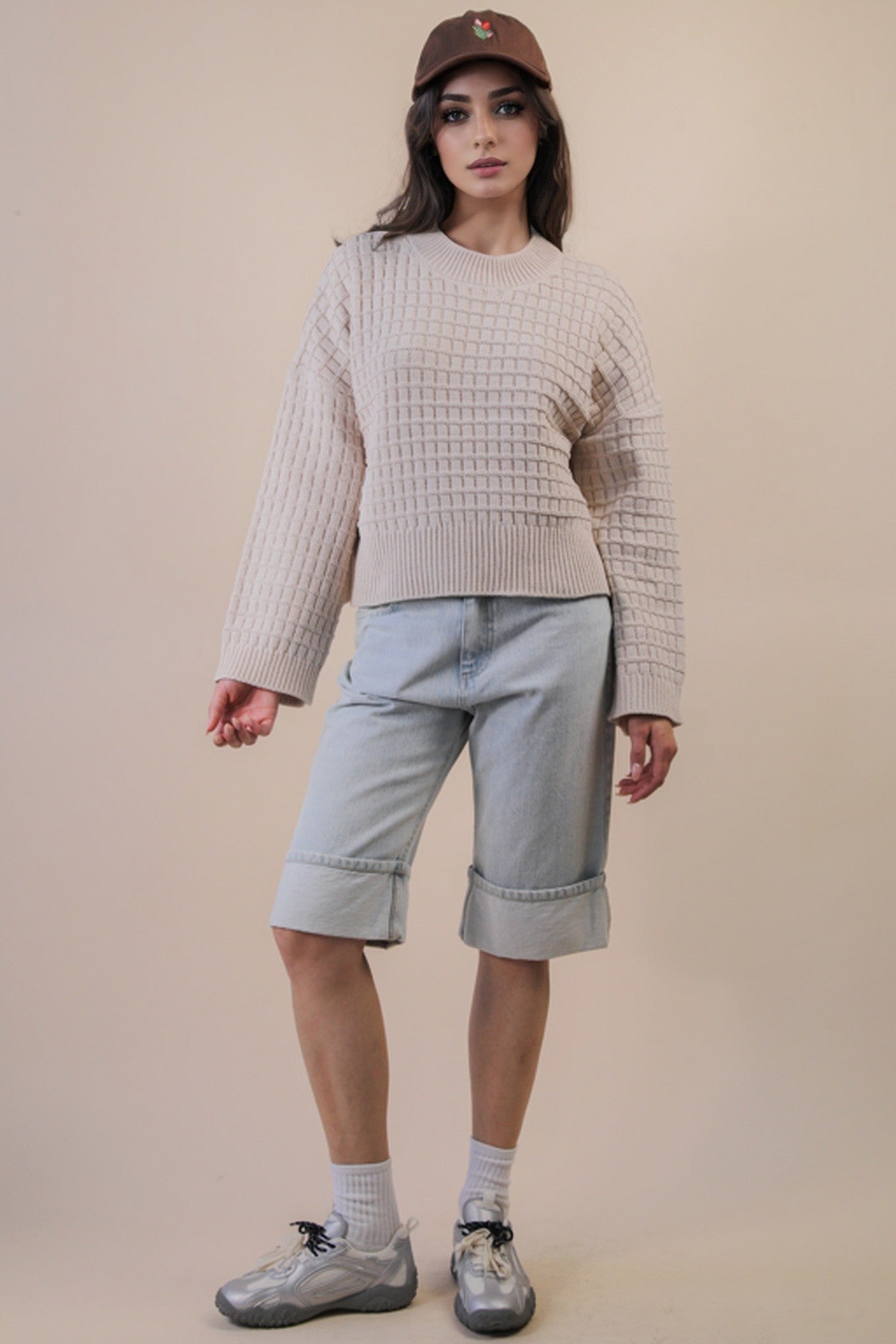 Oversized Textured Knit Sweater - Ecru