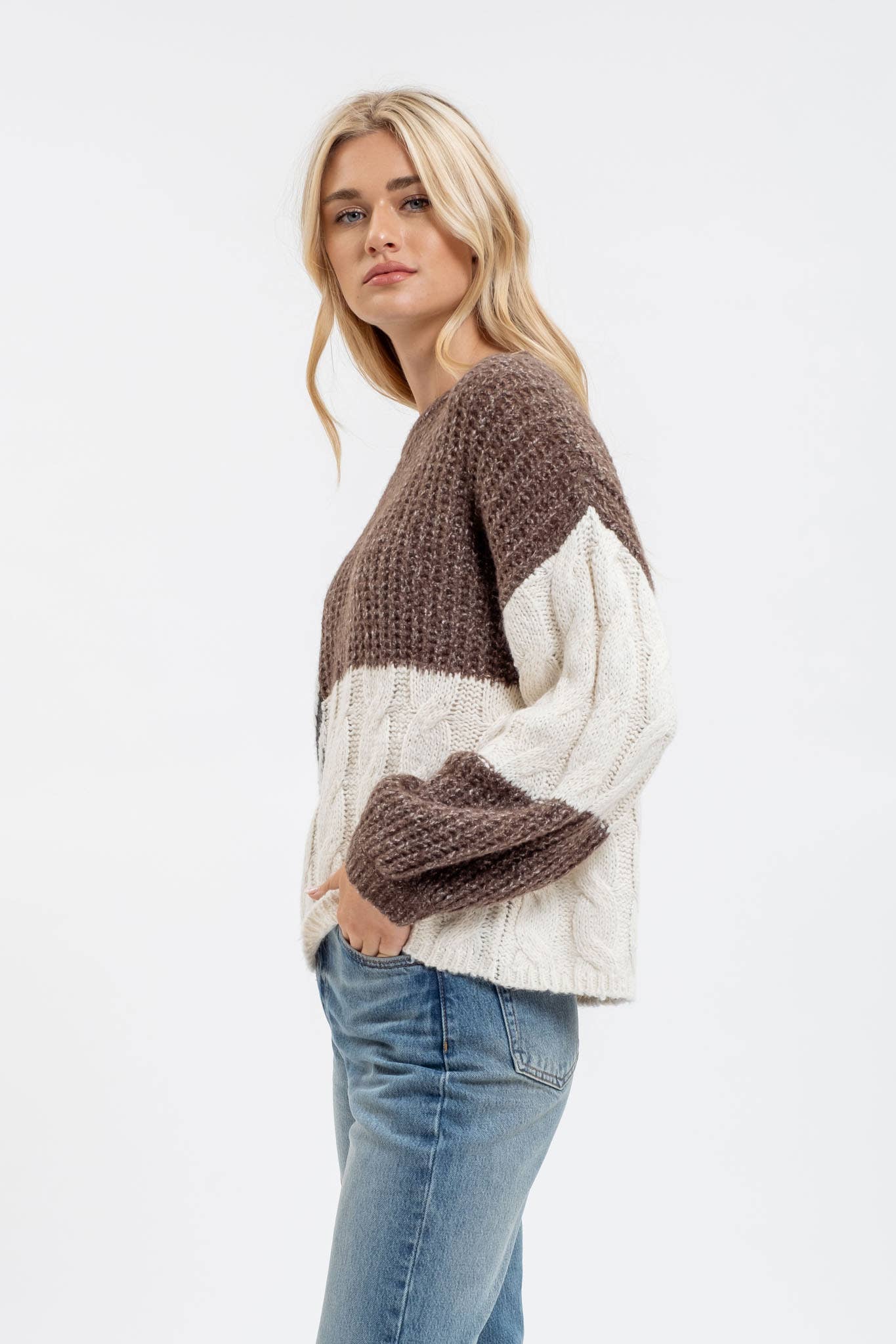 Colorblock Chevron Cable Knit Sweater: Brown Multi