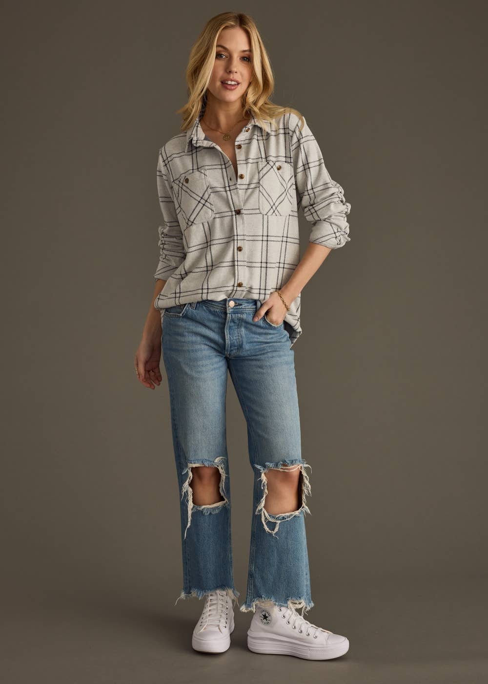 Light Gray & Black Plaid Button Up