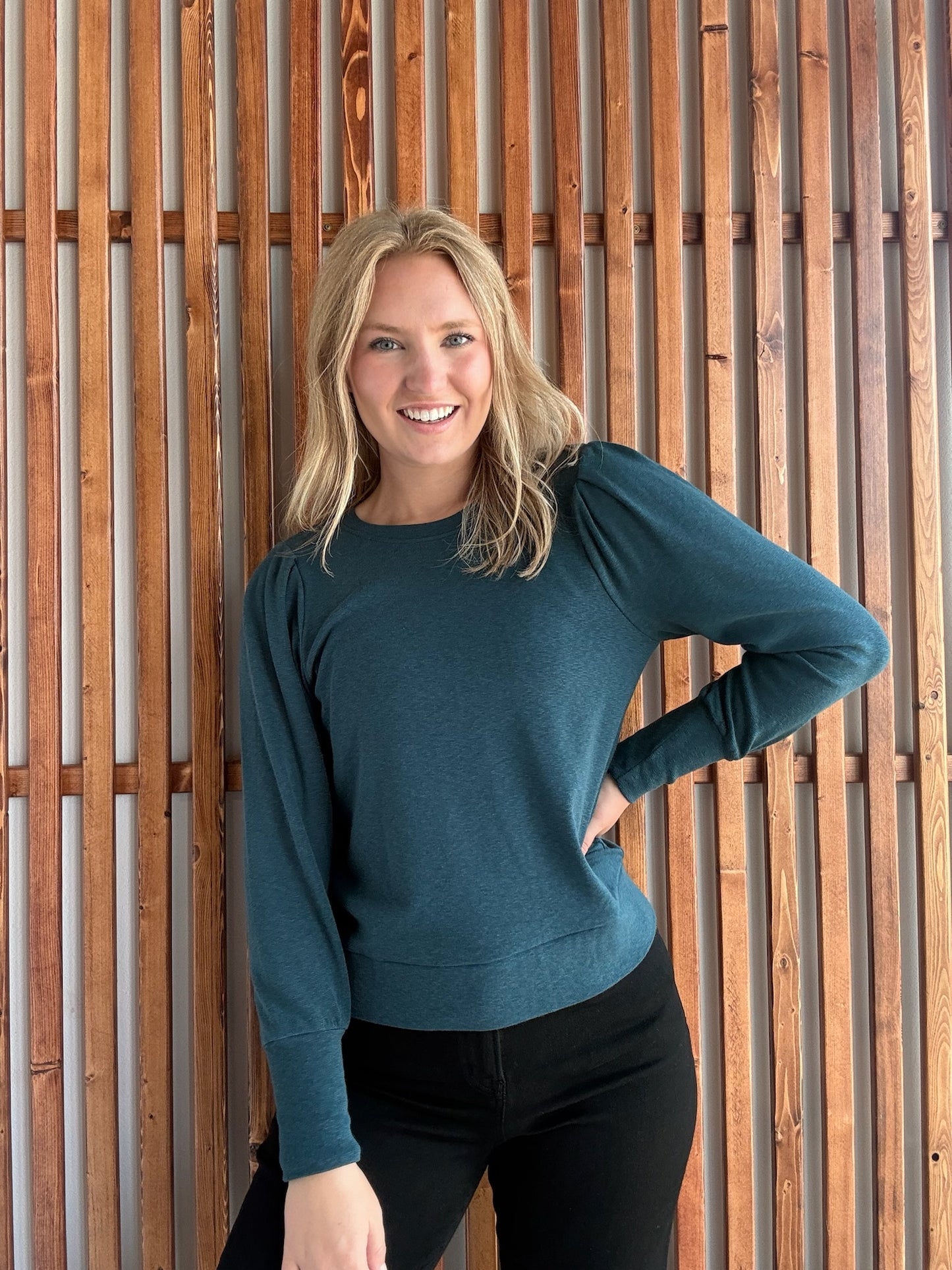 Pleated Ballon Sleeve Sweater - Teal