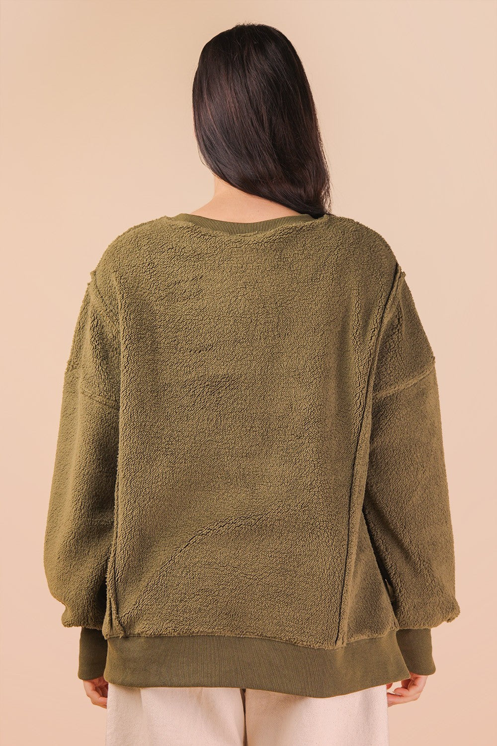 Oversized Casual Solid Fleece Top - Olive